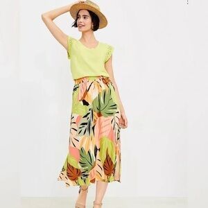 LOFT Tropical Palm Leaf Midi Skirt Size L Elastic Waist A-Line